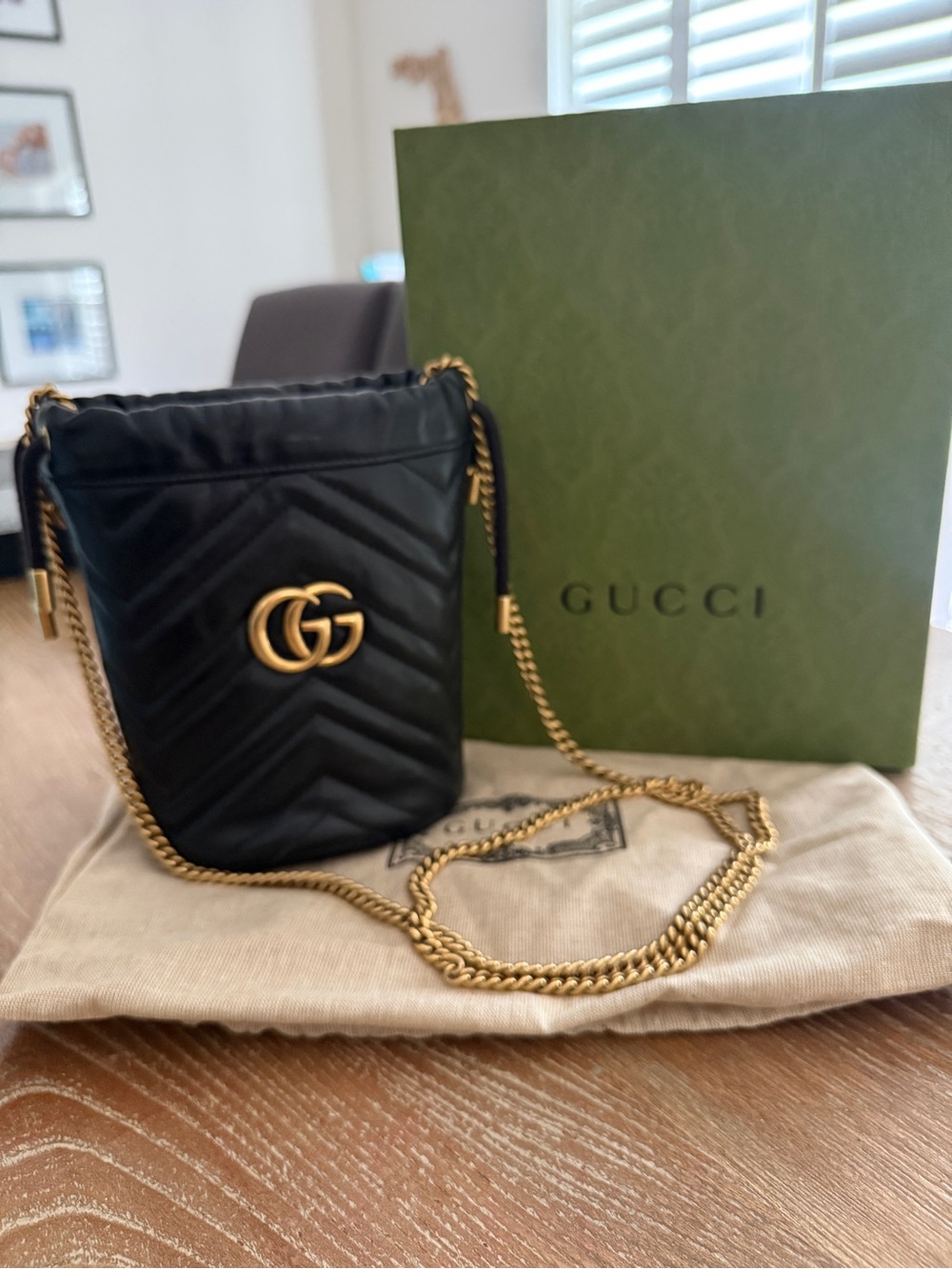 Gucci Black Quilted GG Marmont Chain Bucket Crossbody